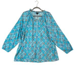 Talbots Top Size 3X Blue Gold Medallion Ruffle Popover‎ Boho Cotton Resort Wear